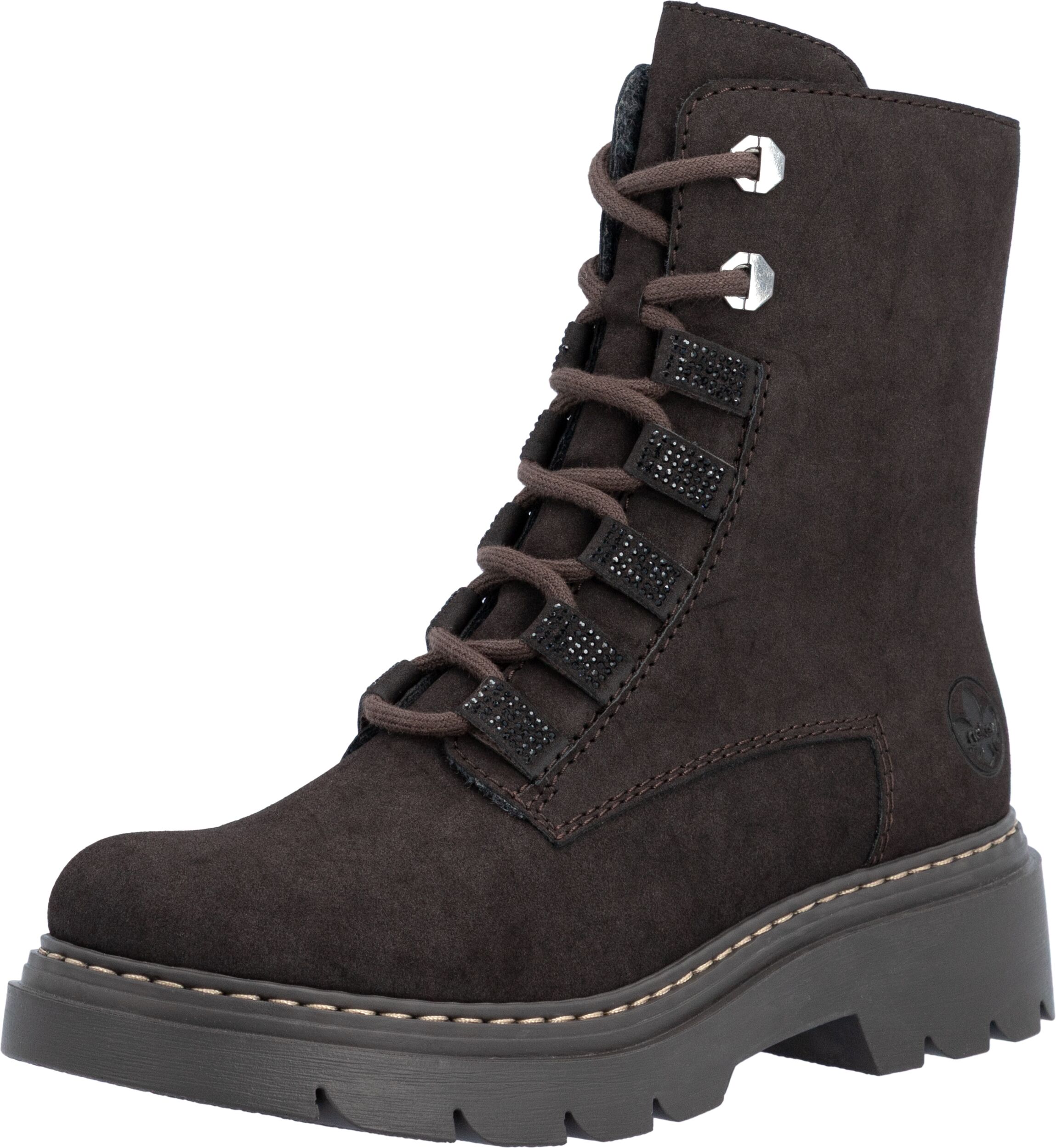 Schnürstiefelette RIEKER, Damen, Gr. 37, Textil, braun, Lederimitat, Schuhe Schnürstiefelette, Schnürboots, Herbststiefelette mit Glitzersteinchen