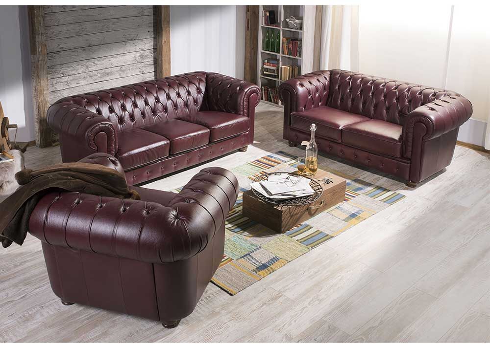 Pharao24.de Polstergarnitur Chesterfield in Rotbraun Echtleder (dreiteilig)