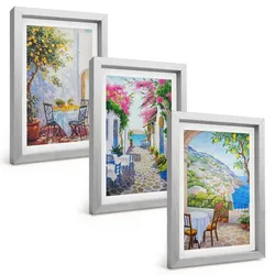 BILDER SET 3er Set - 20x30 cm Silberner Rahmen - Charmante Straßen, Pflanzen, Meer