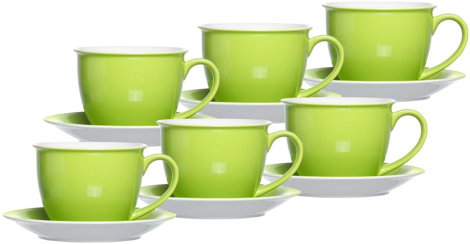 Tasse RITZENHOFF & BREKER "Milchkaffee Tassen mit Untertassen Doppio 350 ml 6er Set", grün, 12 tlg., Porzellan, Trinkgefäße, Tasse