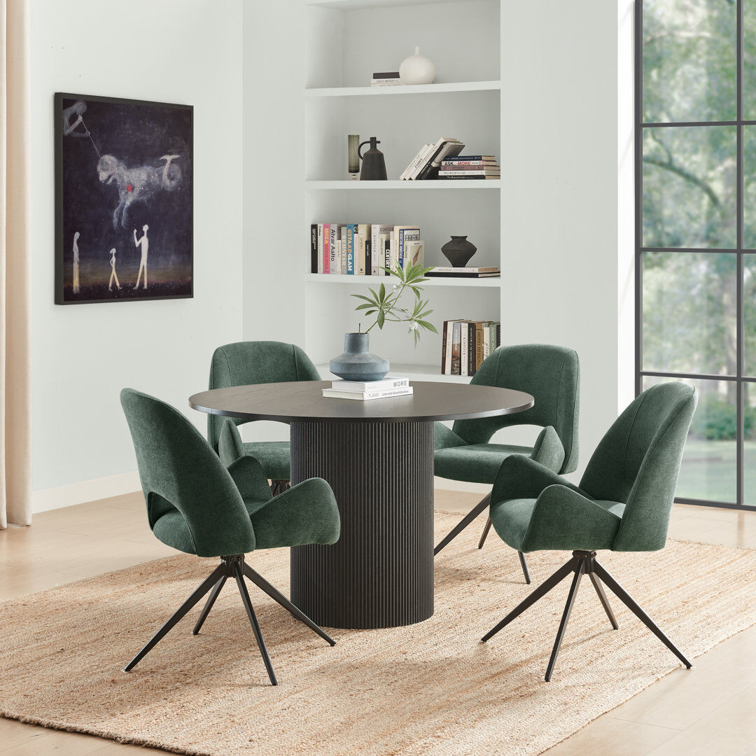 17 Stories Penny Pillar Black Round Table With 4 Lyla Luxury Fabric Upholstered Swivel Dining Chairs Green 4