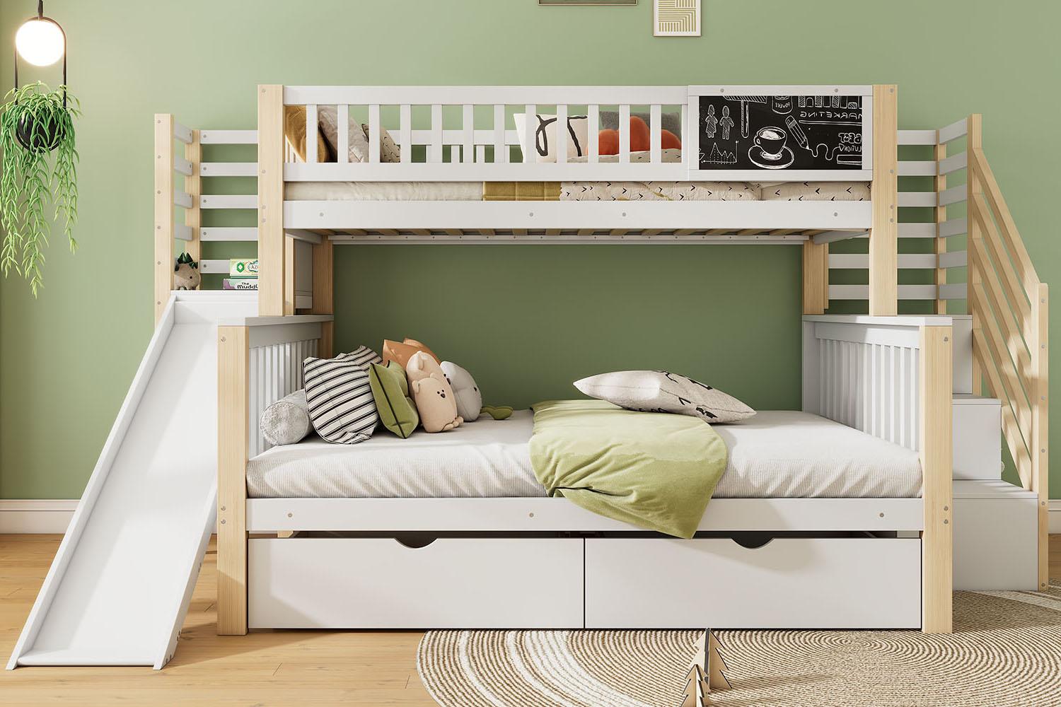 okwish Etagenbett Stockbett 90x200cm&140x200cm mit Graffiti-Brett und Aufbewahrungsschränken, Hochbett mit Rausfallschutz und Schubladen, Massivholzbett Kinderbett Bettgestell mit Rutsche, Weiß