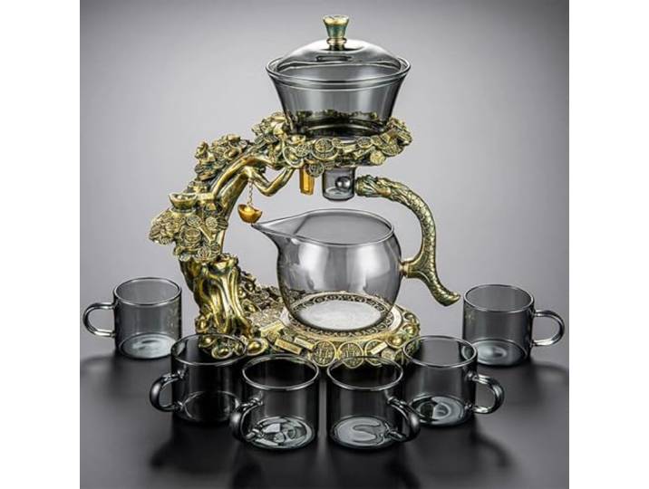 YoeEoay Lazy Kungfu Glass Tea Set Clear Water Diversion Glass Teapot Hitzebeständiges Tee-Set, Teekanne Mit Magnet Halbautomatische Glasteekanne Geschenke Für Teeliebhaber(Durchscheinend+6 Gläser)
