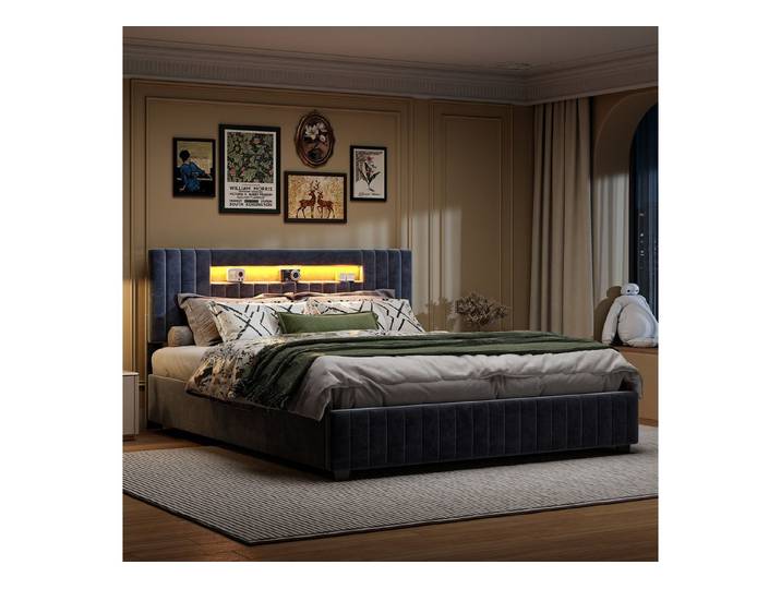 Gdood Polsterbett Stauraumbett Doppelbett LED SamtStoff (1-tlg., vertikaler Steppung, Ausgestattet mit hydraulischem Bettkasten), Mit LED Beleuchtung, Kopfteil-Aufbewahrung, 140x200 cm