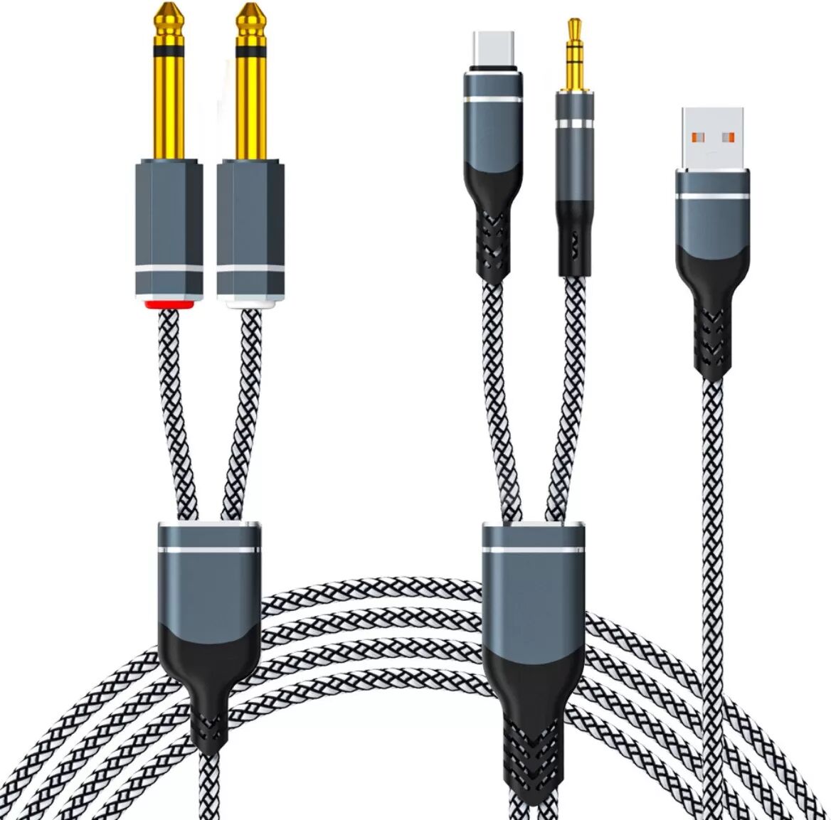 INF Schwarz-Weiß geflochtenes Multifunktions-Audiokabel mit Ladefunktion – USB-C zu 3,5mm und 6,35mm Splitter, 3m