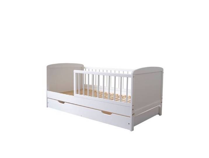 Lit enfant 70x140 cm - Avec matelas sommier et tiroir - Lit enfant évolutif - Barrière de lit amovible - Bois de pin - Blanc