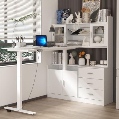 Timechee 68.5 Inch Sit Stand Desk with Hutch and Storage Cabinet, Motorized Standing Desk with Drawers for Home Office