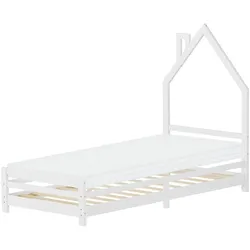 KINDERBETT Haus 90x200 cm mit Matratze Weiß Kiefernholz