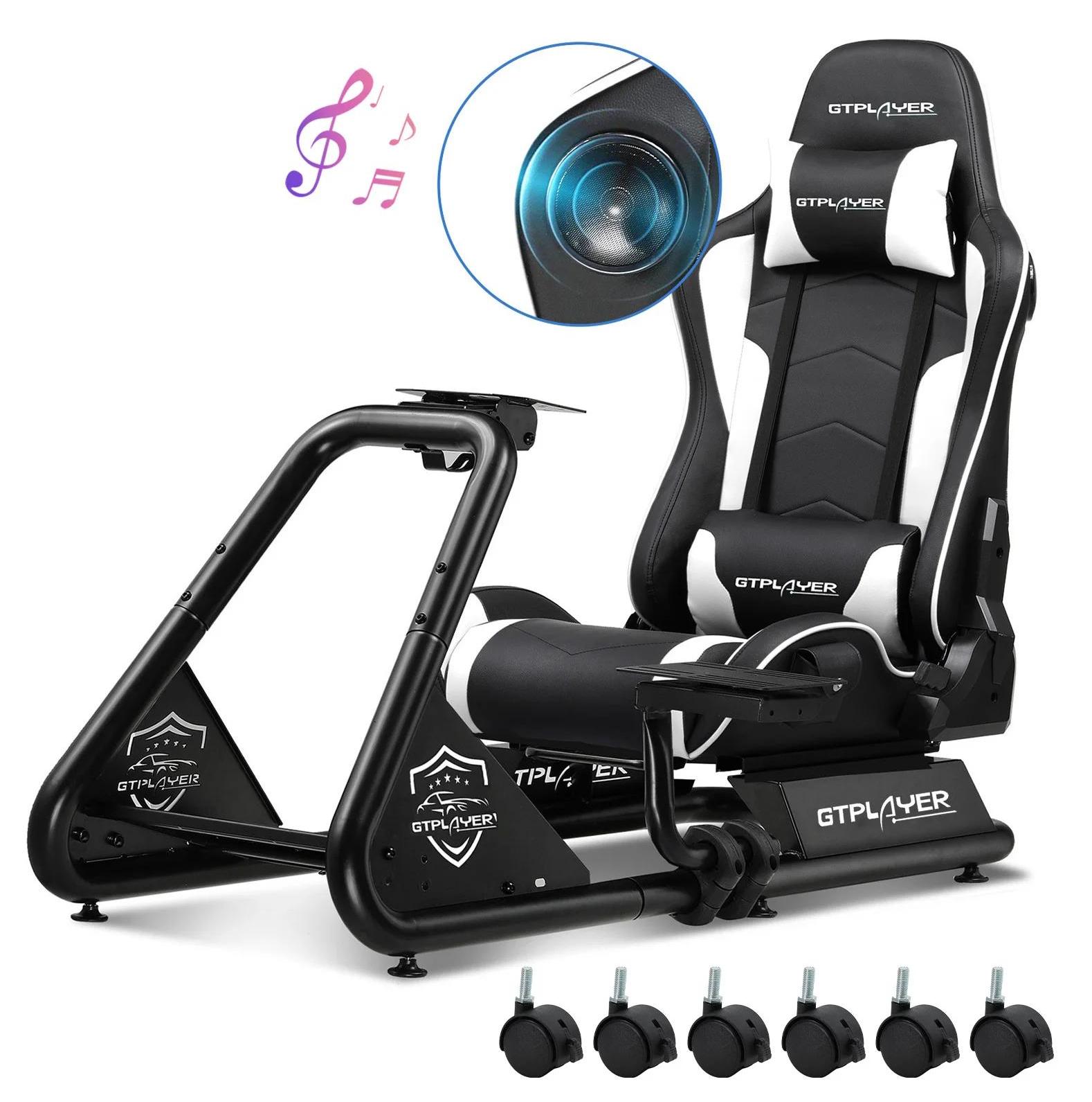 Racing Simulator Cockpit - GTS03 Gaming Rennsitz mit Lenkradständer und Pedalhalterung - Faltbarer Kunstledersitz mit Lautsprechern und Rollen - Weiß