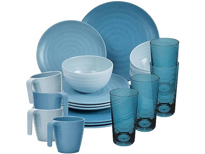 Melamin Geschirr Set 20 Teile elegante Steingut Optik blau 260ml 4 Gläser