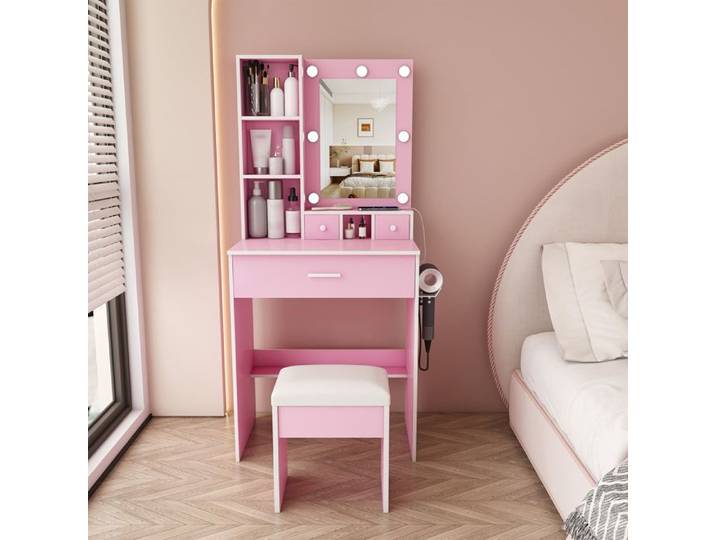 Coiffeuse avec miroir LED - Éclairage LED réglable 3 modes - Prise intégrée - Support sèche-cheveux