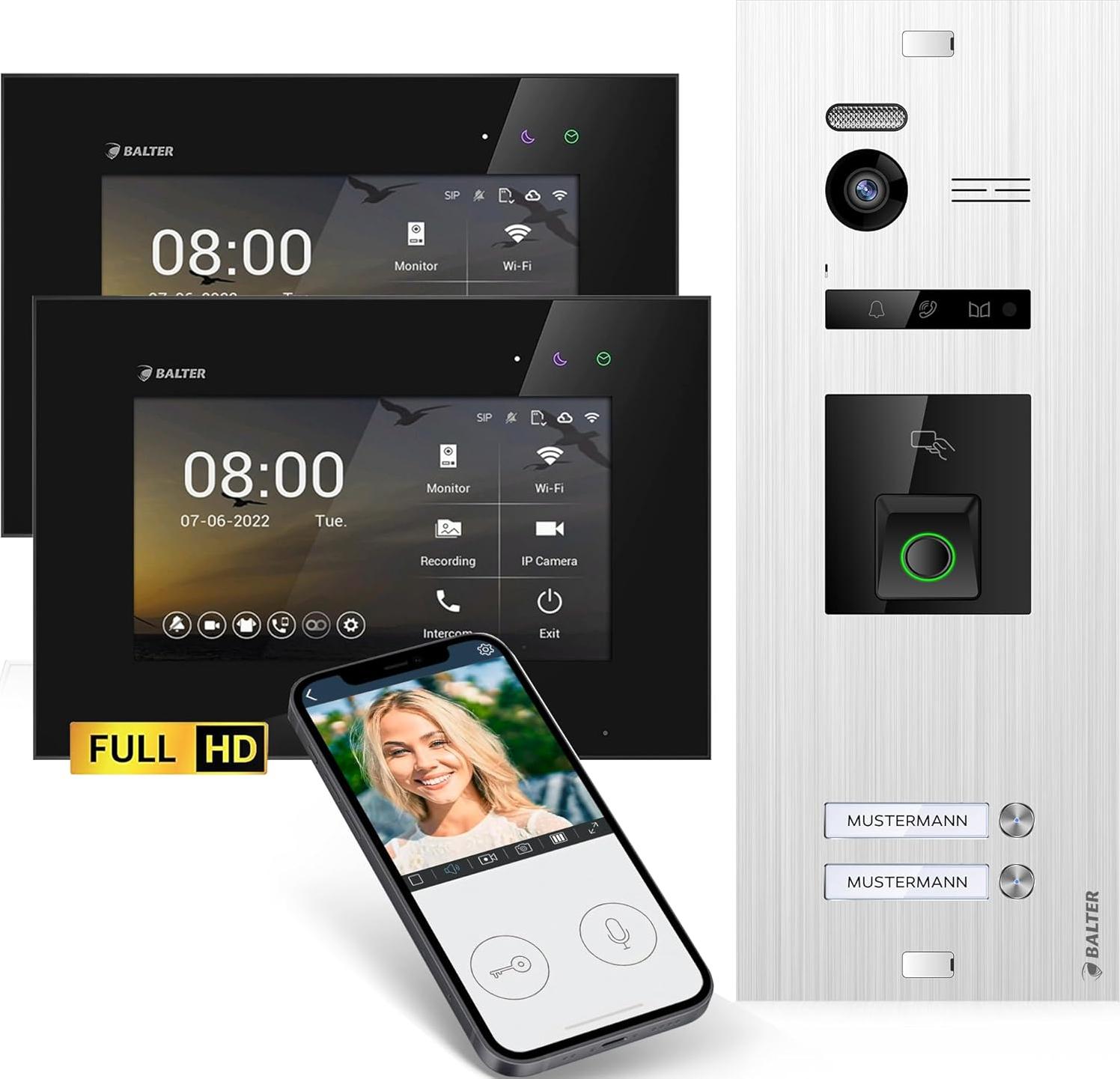 HD Video Türsprechanlage mit Fingerprint RFID App für 2 Familienhaus, 2x Monitore, Balter EVO HD Fingerprint