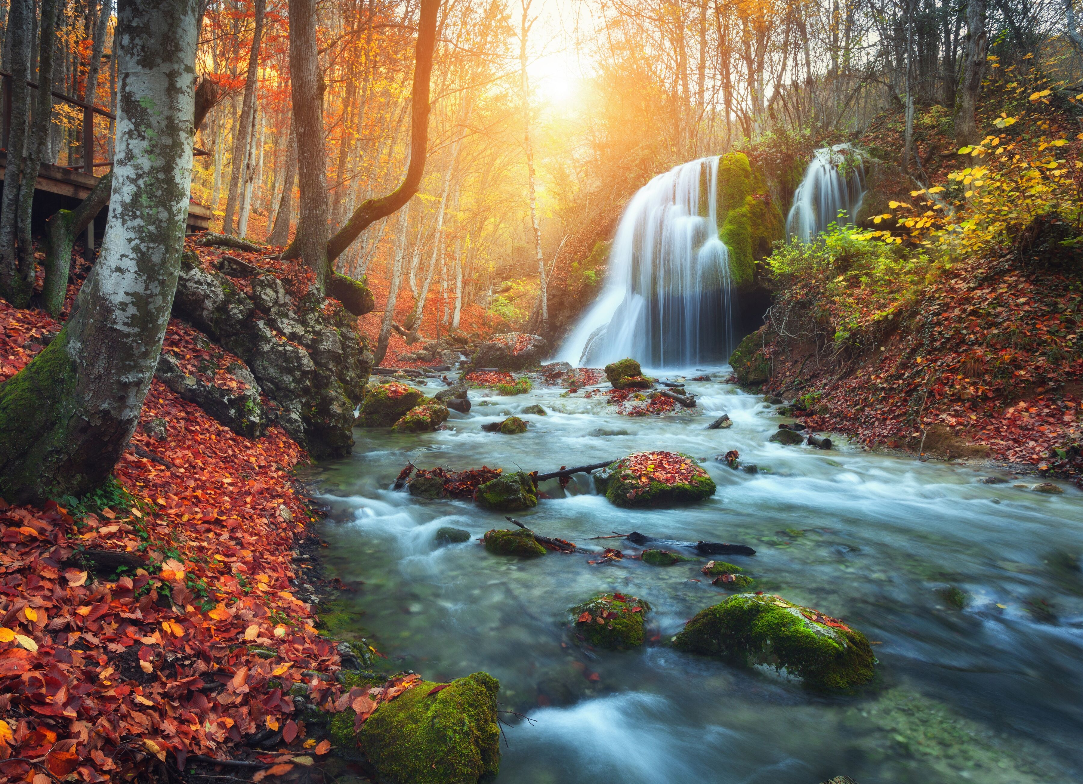 Fototapete PAPERMOON "Mountain River Autun Waterfall", bunt, B:3m L:2,23m, Vlies, Tapeten, Fototapete