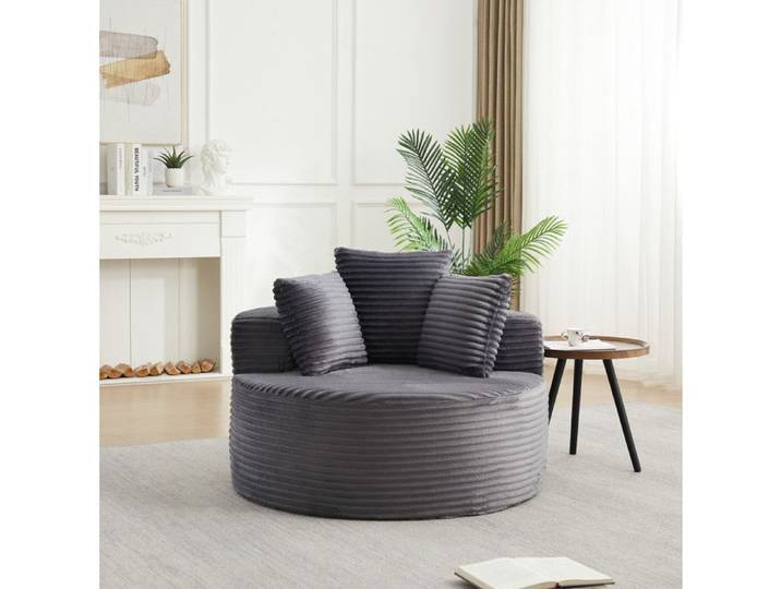 Fauteuil Rond En Velours Côtelé Gris Fauteuil Compressé FloraGrace Pour Salon Et Chambre Avec 3 Coussins 110x110x82cm