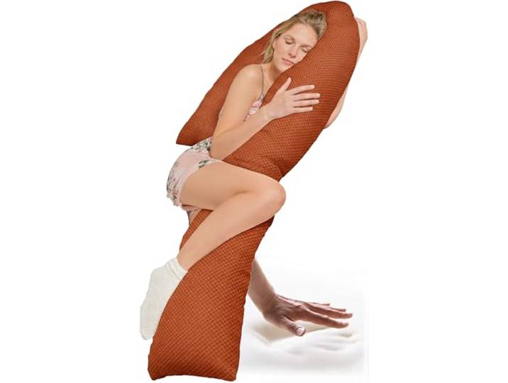 Traumreiter Seitenschläferkissen Visco J Form XL langes Wendekissen mit Memory Foam Stütze [orthopädisch] Schwangerschaftskissen zum Schlafen, Stillkissen XXL Kissen Komfortkissen mit Bezug Terrakotta