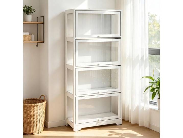 WUVRIE Vitrine blanche en MDF et acrylique 4 compartiments portes coulissantes meuble de rangement