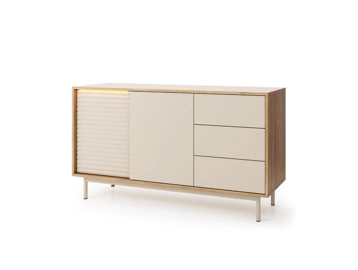 Beautysofa Kommode Terra mit 2 Türen und 3 Schubladen, Kaschmir/geölte Eiche, Metall, 140x77x40 cm, Kleinmöbel, Kommoden, Kommoden
