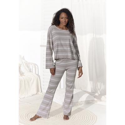 Pyjamaoberteil S.OLIVER, Damen, Gr. 40/42, nougat gestreift, Feinstrick, Obermaterial: 60% Baumwolle, 40% Polyester, gestreift, meliert, weit hüftlang, Rundhals, Trompetenärmel Babylock, Shirts, mit Babylock-Details