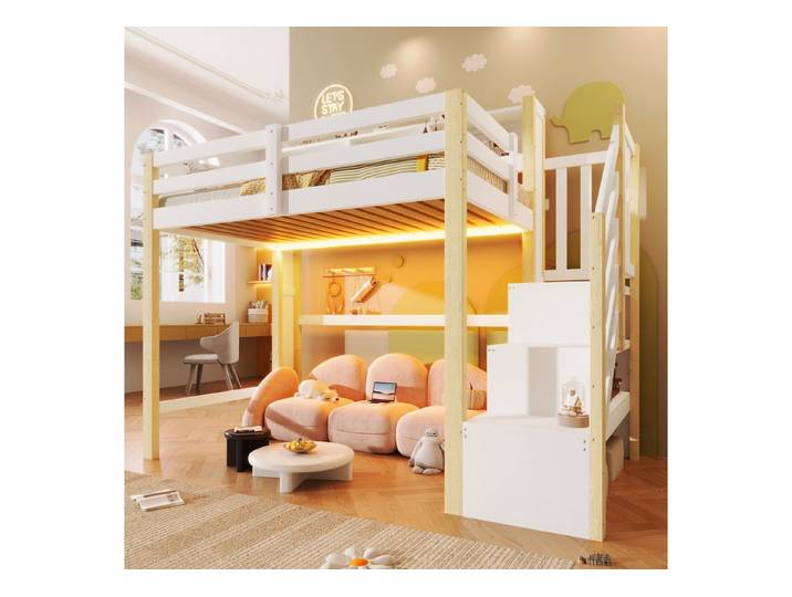 Flieks Hochbett Kinderbett 90x200cm mit LED-Beleuchtung und Stauraumtreppe