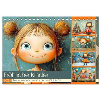 Fröhliche Kinder. Bezaubernde Schulmädchen im Ölbilder-Stil (Tischkalender 2026 DIN A5 quer), CALVENDO Monatskalender