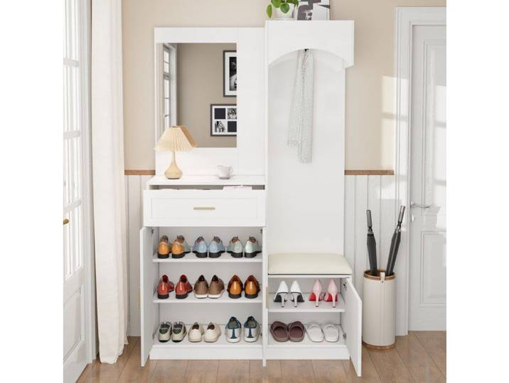 Meuble d'entrée compact blanc avec miroir vestiaire meuble à chaussures et banc en MDF