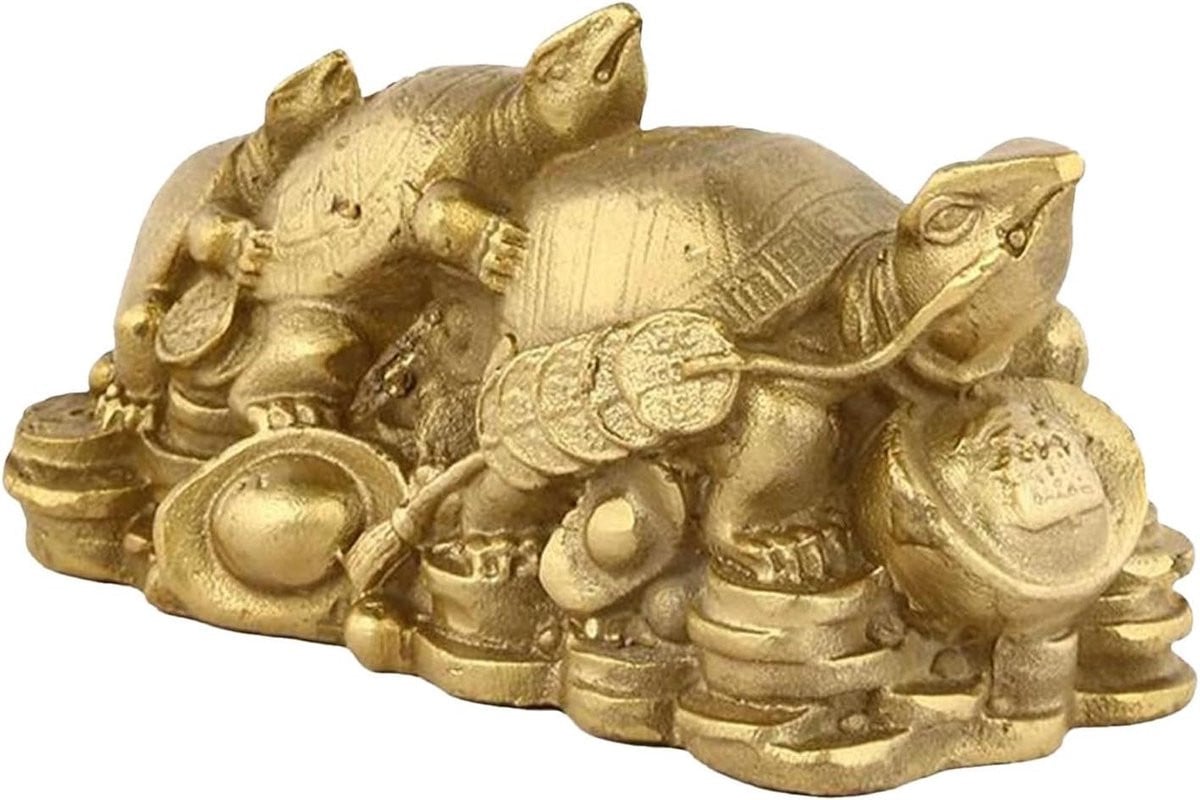 Messing Schildpad Beeldje - Goudkleurig Ornament voor Bureau Decoratie - Breedte: 10,7 cm
