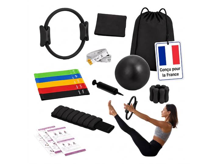 Relaxdays Kit Pilates 13 Pcs : Anneau\, Ballon\, 6 Bandes De Résistance\, Manchettes Lestées\, Accessoires Pilates\, Noir