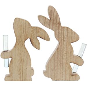 Frank-Flechtwaren Osterdeko 223273, braun, Hasenfiguren aus Holz mit Glasvase, 18 & 22 cm hoch, 2 Stück