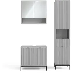 Vicco Badmöbel-Set Eliza, Grau, Badezimmer, moderne Badserie, extravagante Fronten, Waschtischunterschrank, Spiegelschrank, Hochschrank