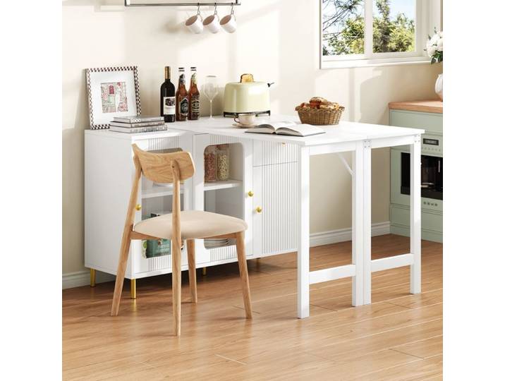 Bladez - Table de bar multifonctionnelle avec plateau pivotant et extensible 3 portes 1 tiroir - Blanc