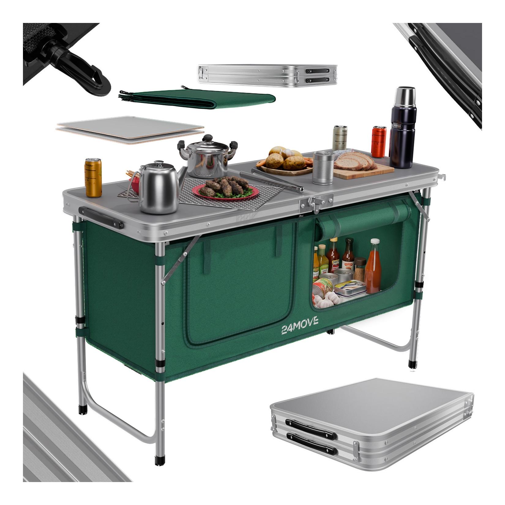 24MOVE® Campingküche PRAIA faltbar, Alu Outdoorküche mit Arbeitsplatte und Staufächern, höhenverstellbar