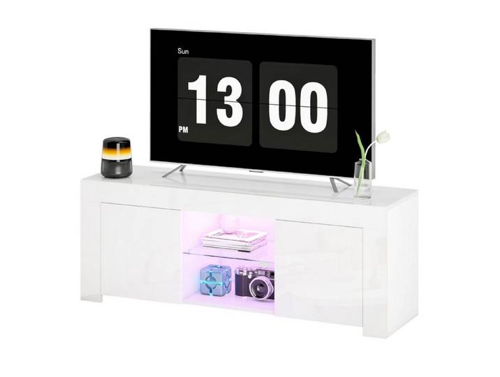 MC Star TV-Ständer TV-Schrank mit LED-Beleuchtung, 2 Schranktüren, Glasregal, Kabellöcher, (für Wohnzimmer, Spanplatte, Weiß)