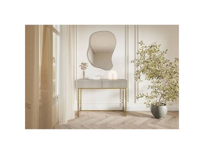 Coiffeuse - VELDIO - 110 cm - taupe (gris-beige) avec pieds dorés