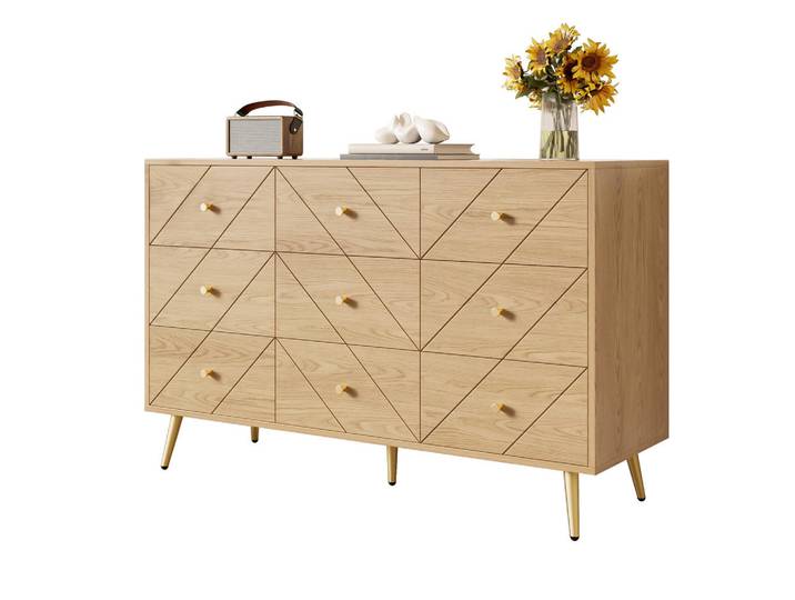 Flieks Kommode 9 Schubladen Metallbeine modern Stauraum, Naturfarben, 39x80x120 cm, Kleinmöbel, Kommoden, Kommoden