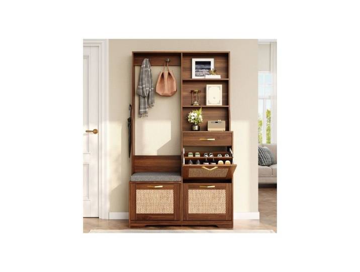 Armoire d'entrée en rotin – Façade naturelle banc intégré crochets et tiroirs