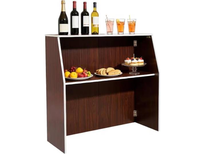 IMOYBBR Tragbarer Event-bartisch, Klappbare Serviertheke, Freistehender Tisch Mit Brauner Aluminiumkante, 50 Kg Tischplatte Und 30 Kg Ablagefläche Für Partys, Picknicks, Catering Und Messen