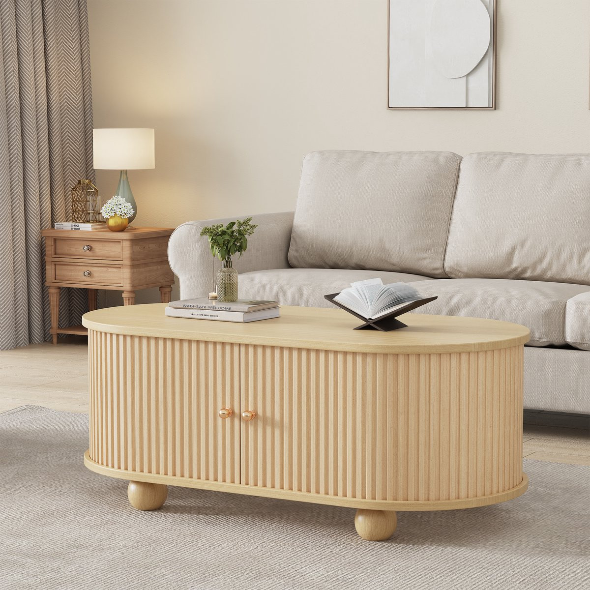 Ovale salontafel met opbergruimte en schuifdeuren in houtkleur