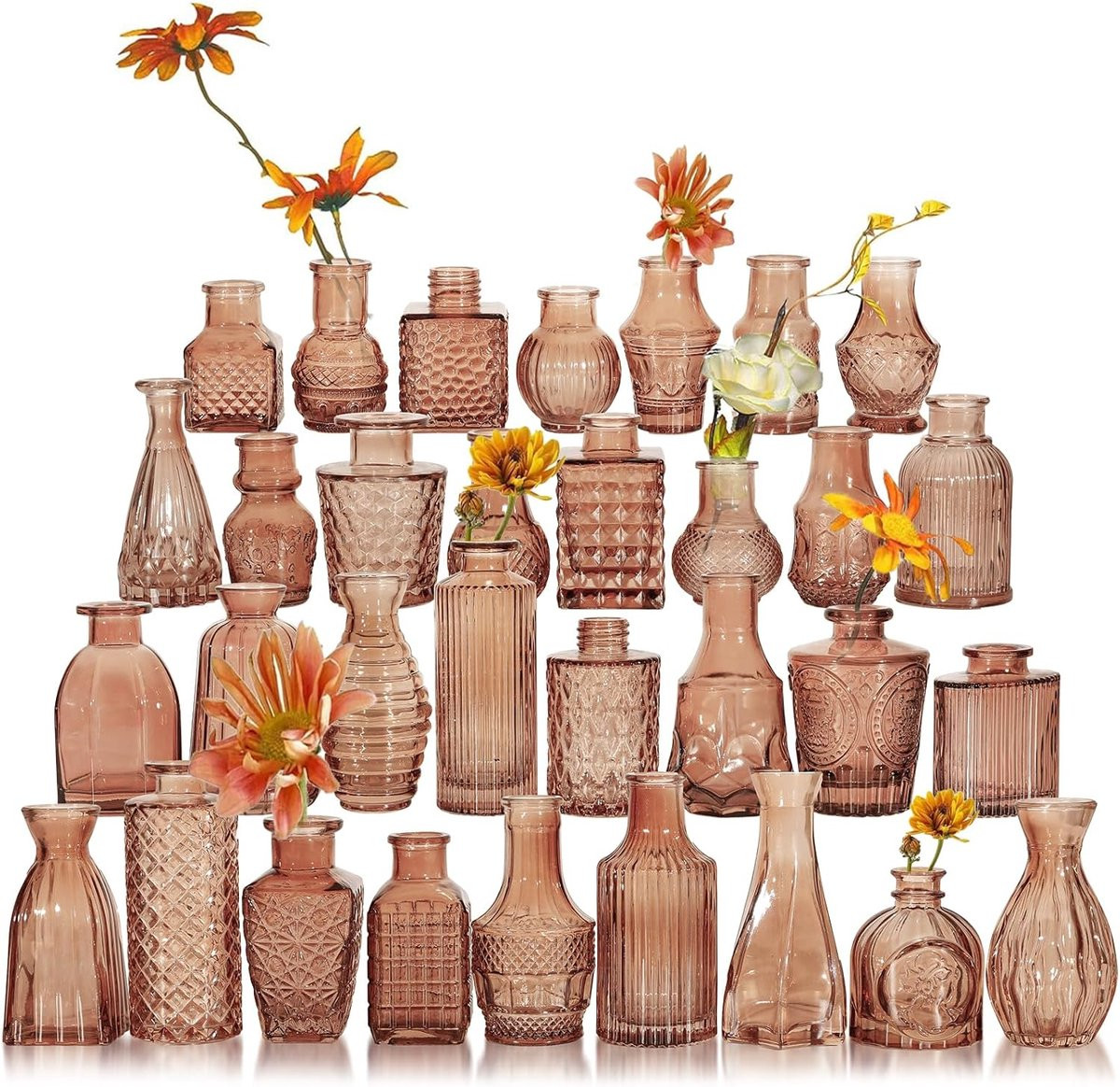 Set van 32 amberkleurige glazen vazen met vintage geëtst patroon voor decoratie en bruiloften