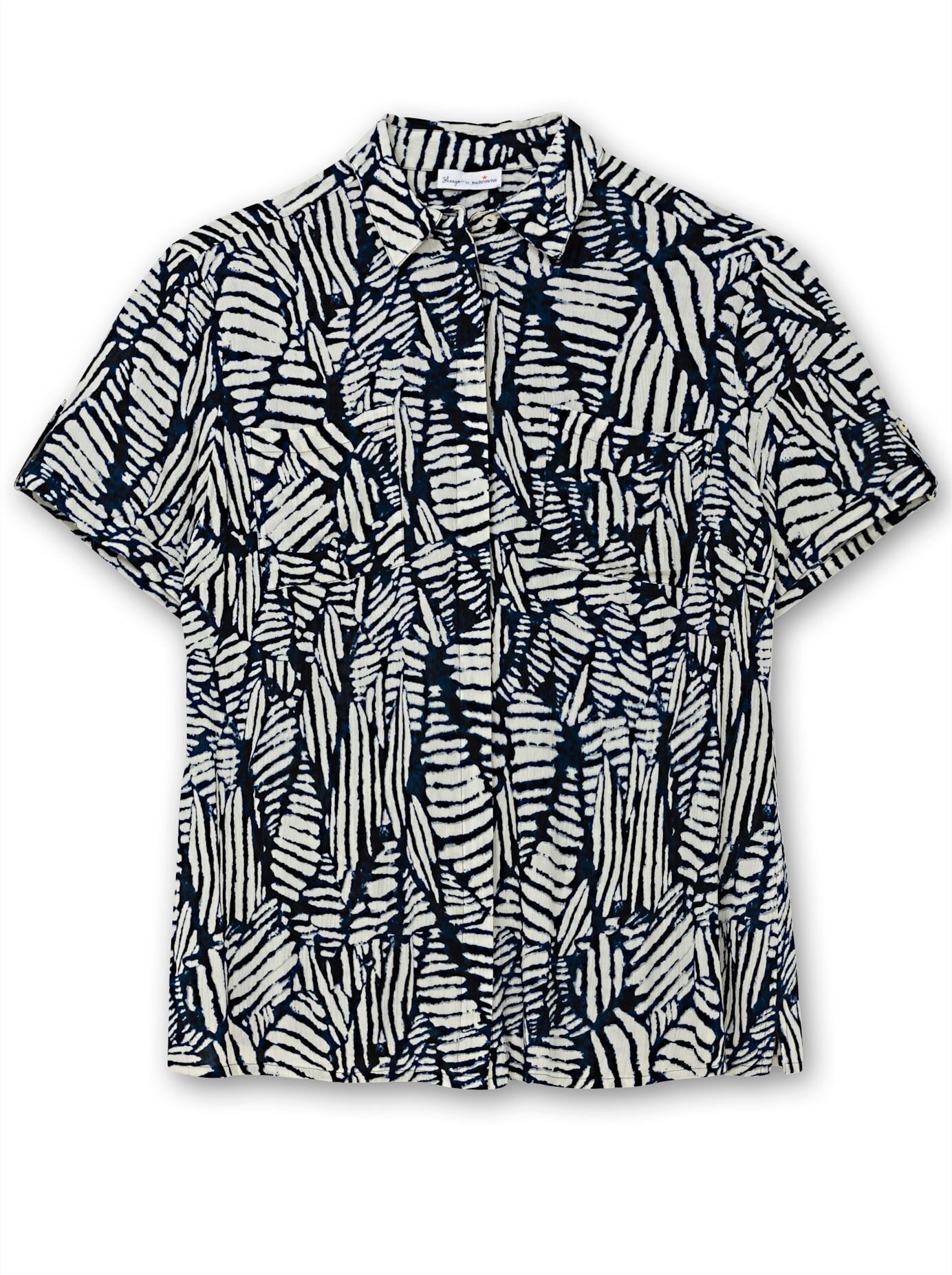 Kurzarmbluse SHEEGO BY JOE BROWNS, Damen, Gr. 50, blau (blaubeere, gemustert), 100% Viskose, gemustert, Blusen Kurzarmbluse blaubeere, gemustert 50