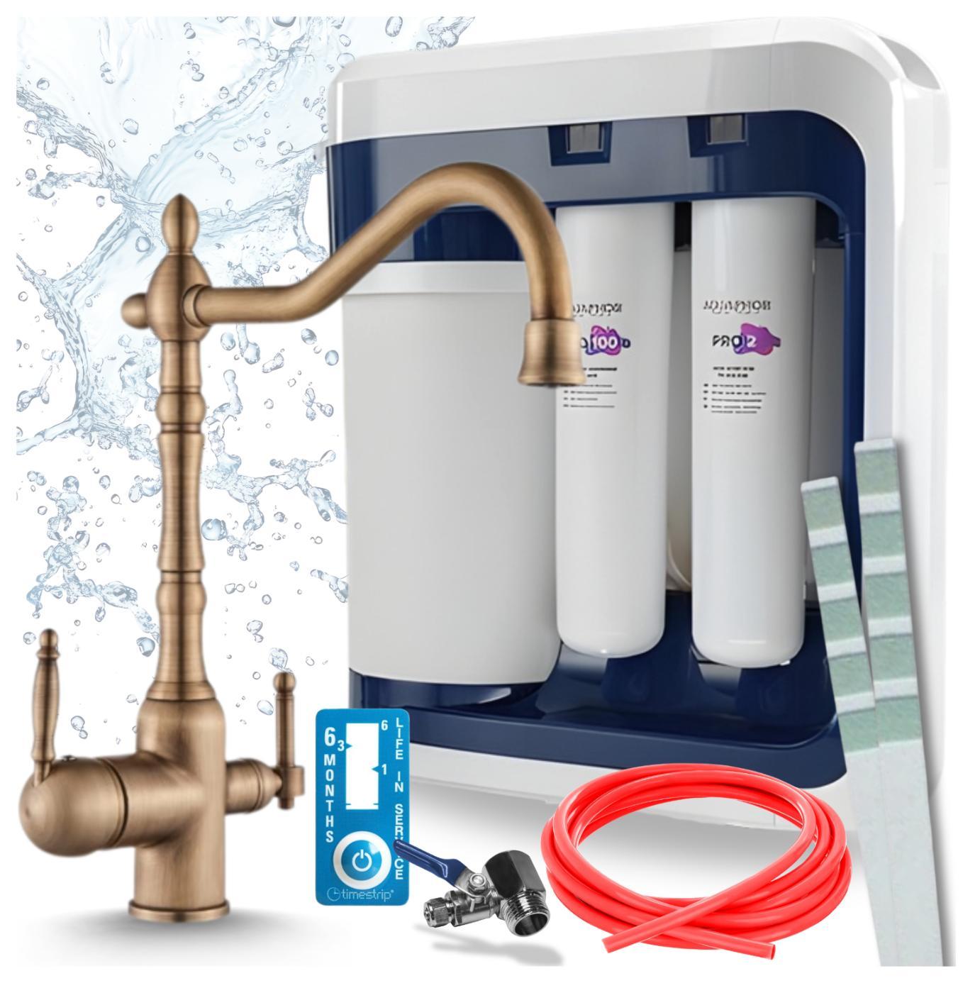 Aquaphor Ro-202S Pro Umkehrosmoseanlage Mit Ari Retro 2 3-Wege-Küchenarmatur Antik Messing, 5 L Tank, Wasserfilter Mit Pumpe