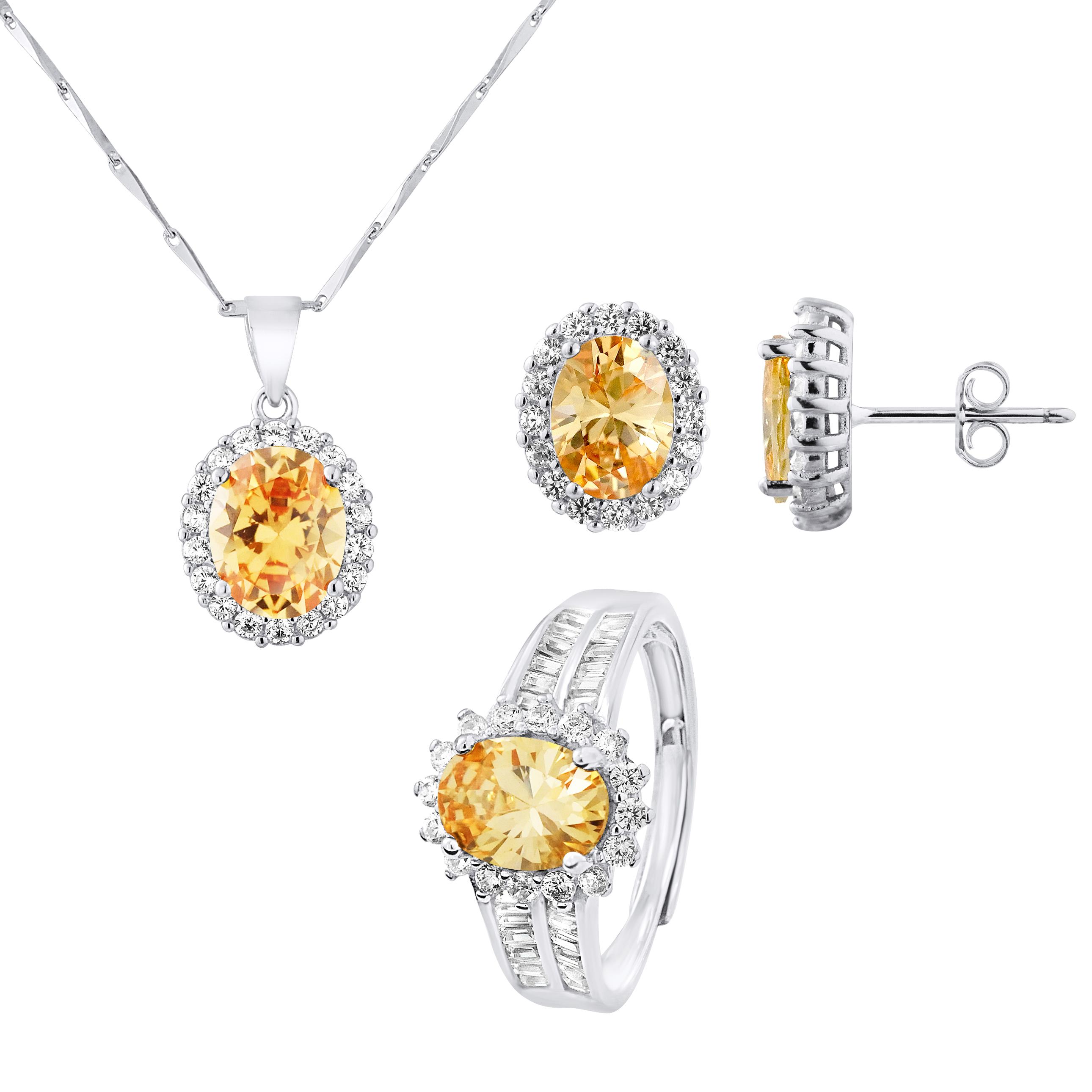 Ketting set, oorbellen en verstelbare ring oranje saffier kleur en zirkonium zilver oxiden 925 - Diana