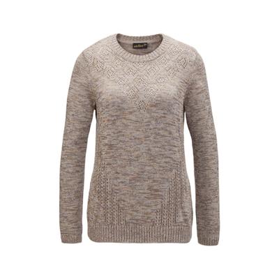 Strickpullover GOLDNER "Eleganter Glanzpullover, Ajour-Details", Damen, Gr. 42, braun (camel, melange), Obermaterial: 82% Baumwolle CO. 18% metallisierte Fasern MTF., weit Rippe, Pullover Strickpullover, Schöne Ajour-Elemente im Vorderteil