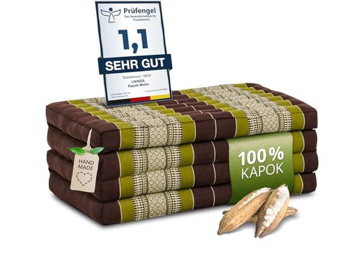 livasia Nachhaltige Klappmatratze aus Kapok - 200x80x8cm - Gästematratze, Faltbare Matratze für Van, ökologische Yogamatte, klappbares Gästebett, Liege für Garten und Balkon (Braun/Grün)