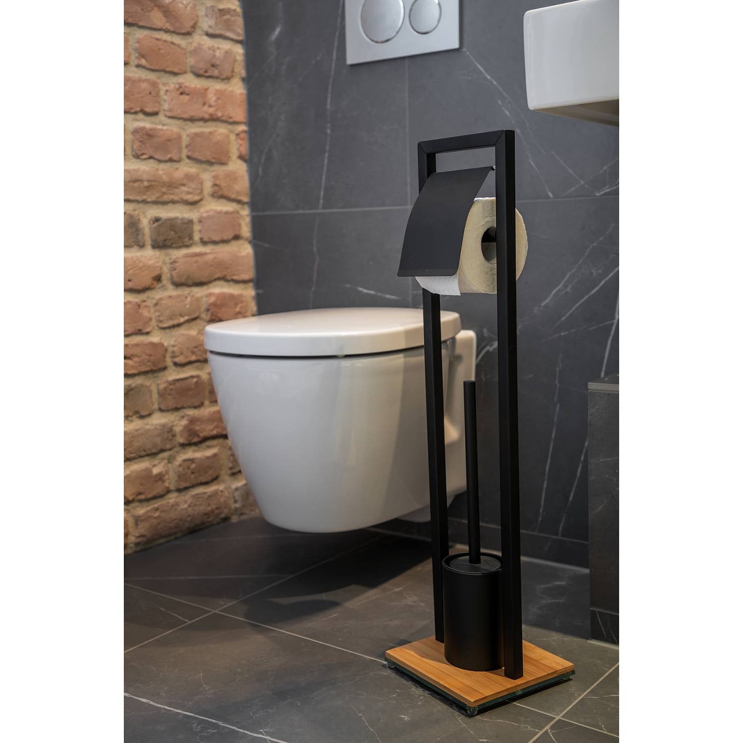 WENKO WC-boy Bambusa toiletborstelset met reserverolhouder, zwart, bamboe en metaal, B/D/H: 18 x 18 x 72,5 cm