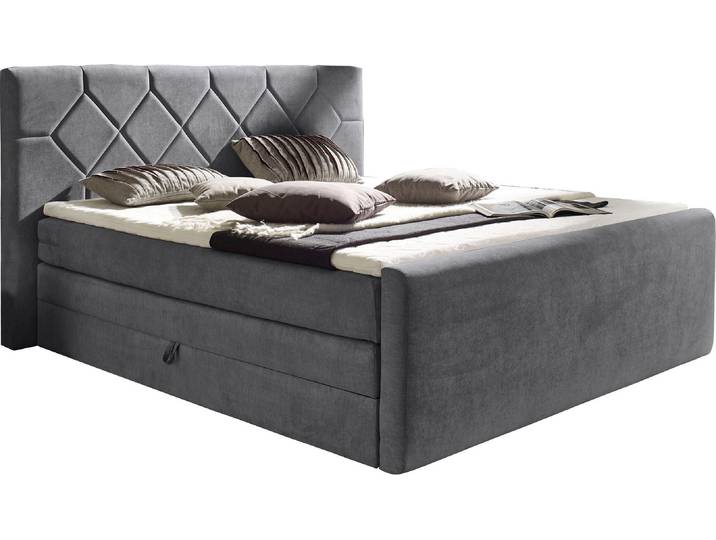 Boxspringbett, Massivholz & Kunststoff, Grau, 180×221 cm, Mit Bettkasten & Topper, Modern