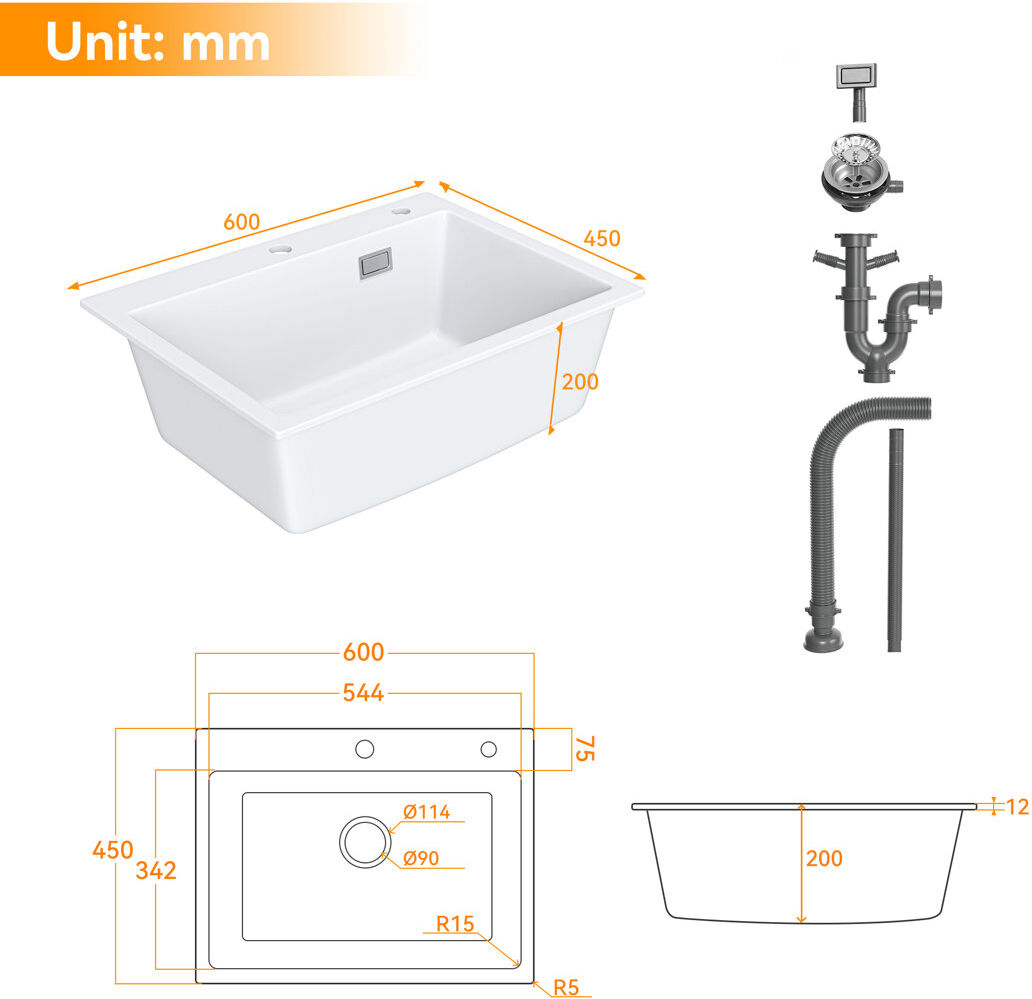 HOROW White Granite Composite Kitchen Sink 60 x 45 cm Single Bowl with Waste Kit Natural;Glossy White