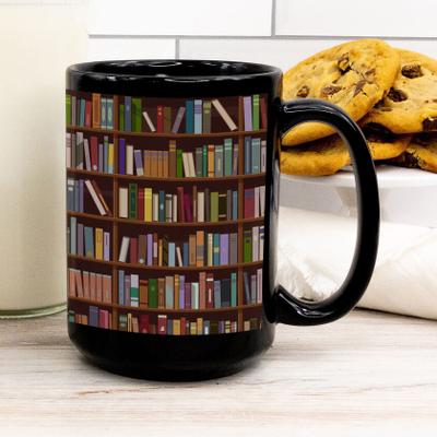 Multisell Products Hub Retro Book Pattern Mug, Literary Black Ceramic Coffee Cup, Vintage Bookshelf Theme, Book Lover Gift Mug f