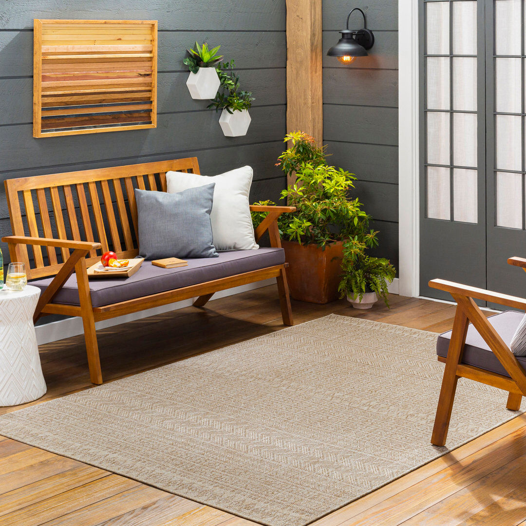 August Grove Chery Round Indoor & Outdoor Boho Brown Rug Ivory;Brown;Light Brown;Light Beige Rectangle 200 x 275cm