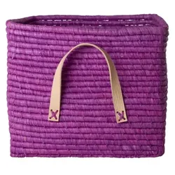 RICE Raffia Aufbewahrungskorb mit Lederschlaufen 30x30x25 cm, L30 x B30 x H25cm, lila