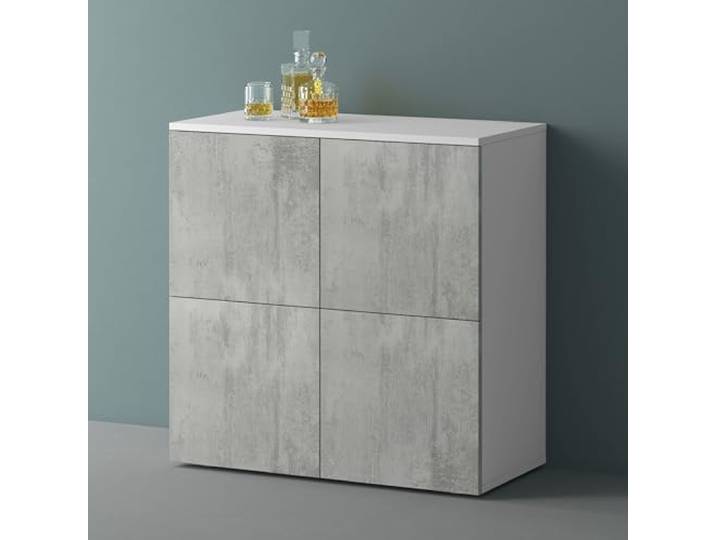 Mai & Mai Sideboard 76cm Kommode 4 Türen Soft-Close grifflos Stauraum Sideboard Wohnzimmer, 4 Stauräume, verstellbare Füße, Flurschrank, Weiß matt + Beton, BxTxH:76x36,4x74cm, Schrank04